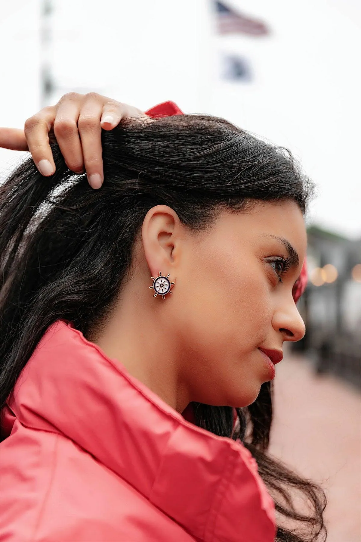 Bridget Enamel Nautical Ship's Wheel Stud Earrings in Navy & White sold by Canvas Style product image thumbnail 2