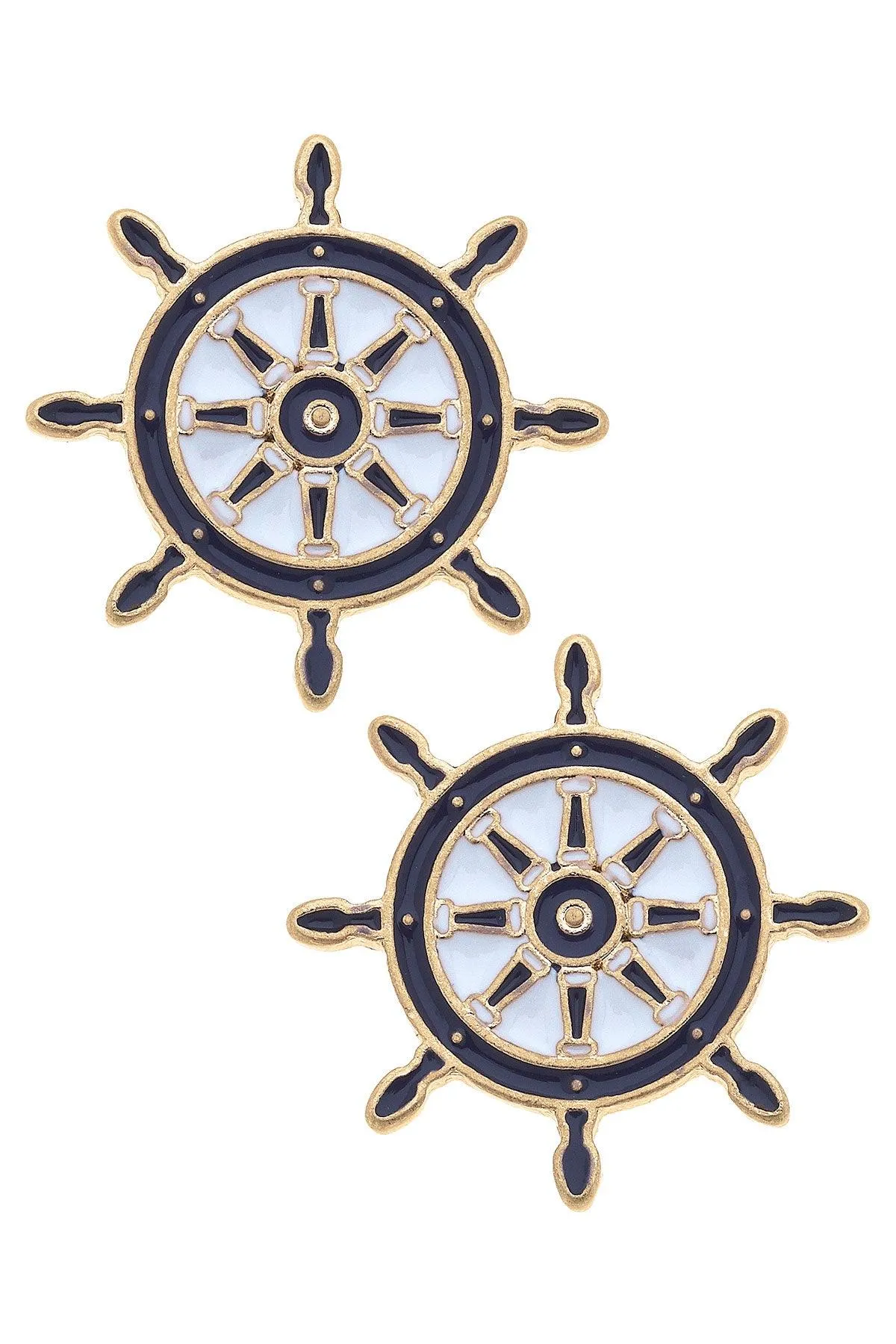 Bridget Enamel Nautical Ship's Wheel Stud Earrings in Navy & White sold by Canvas Style