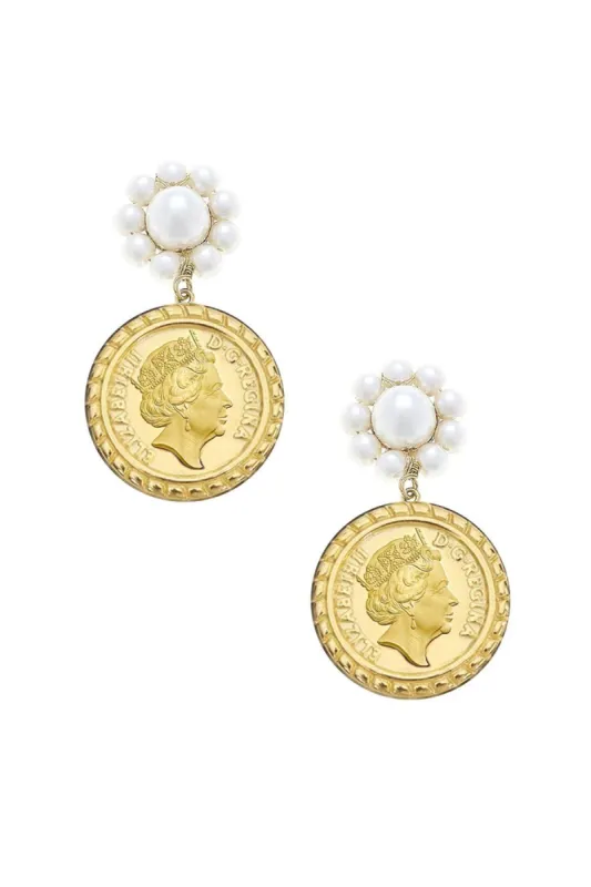 Queen Elizabeth Coin Pearl Drop Earrings in Worn Gold made by Canvas Style