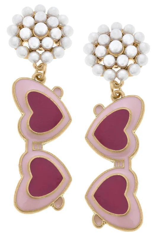 Valentine's Heart Sunnies Pearl Cluster Enamel Earrings in Pink sold by Canvas Style