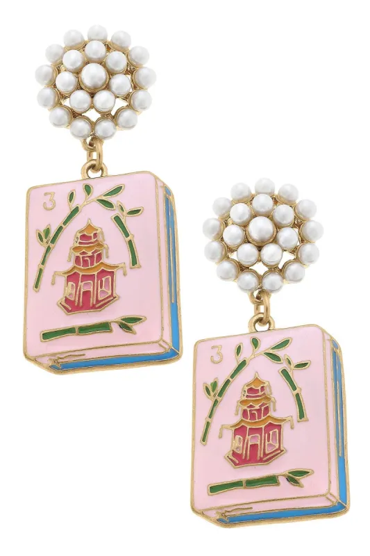 Mahjong Tile Pearl Cluster Enamel Drop Earrings in Pink sold by Canvas Style