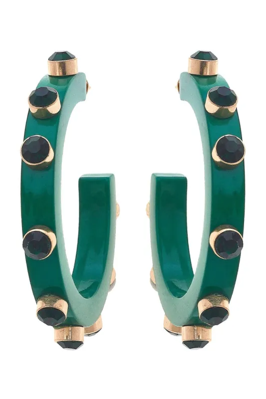 Renee Resin and Rhinestone Hoop Earrings in Green sold by Canvas Style