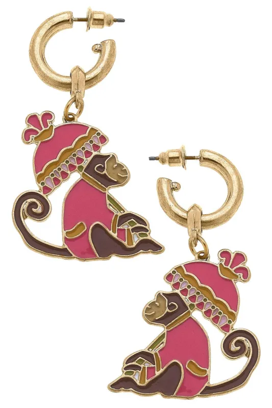 Remy Enamel Monkey Earrings in Pink & Brown sold by Canvas Style