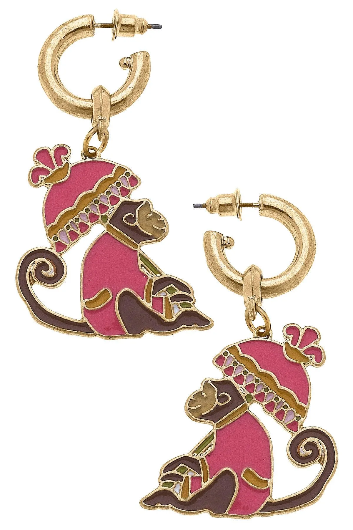 Remy Enamel Monkey Earrings in Pink & Brown sold by Canvas Style