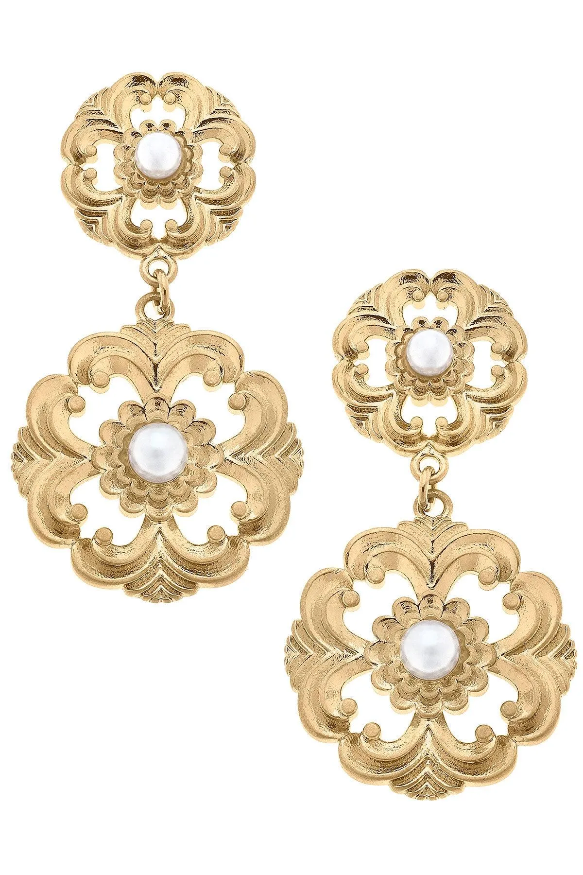 Marguerite Acanthus & Pearl Drop Earrings in Worn Gold sold by Canvas Style