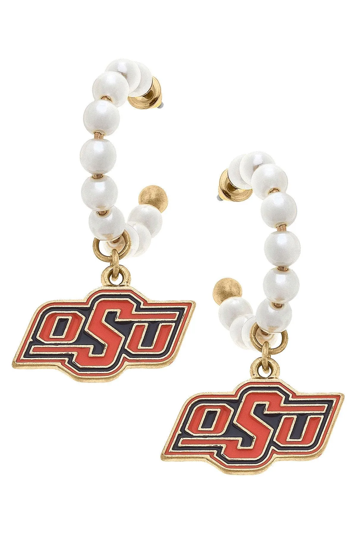 Oklahoma State Cowboys Pearl Hoop Enamel Drop Earrings sold by Canvas Style