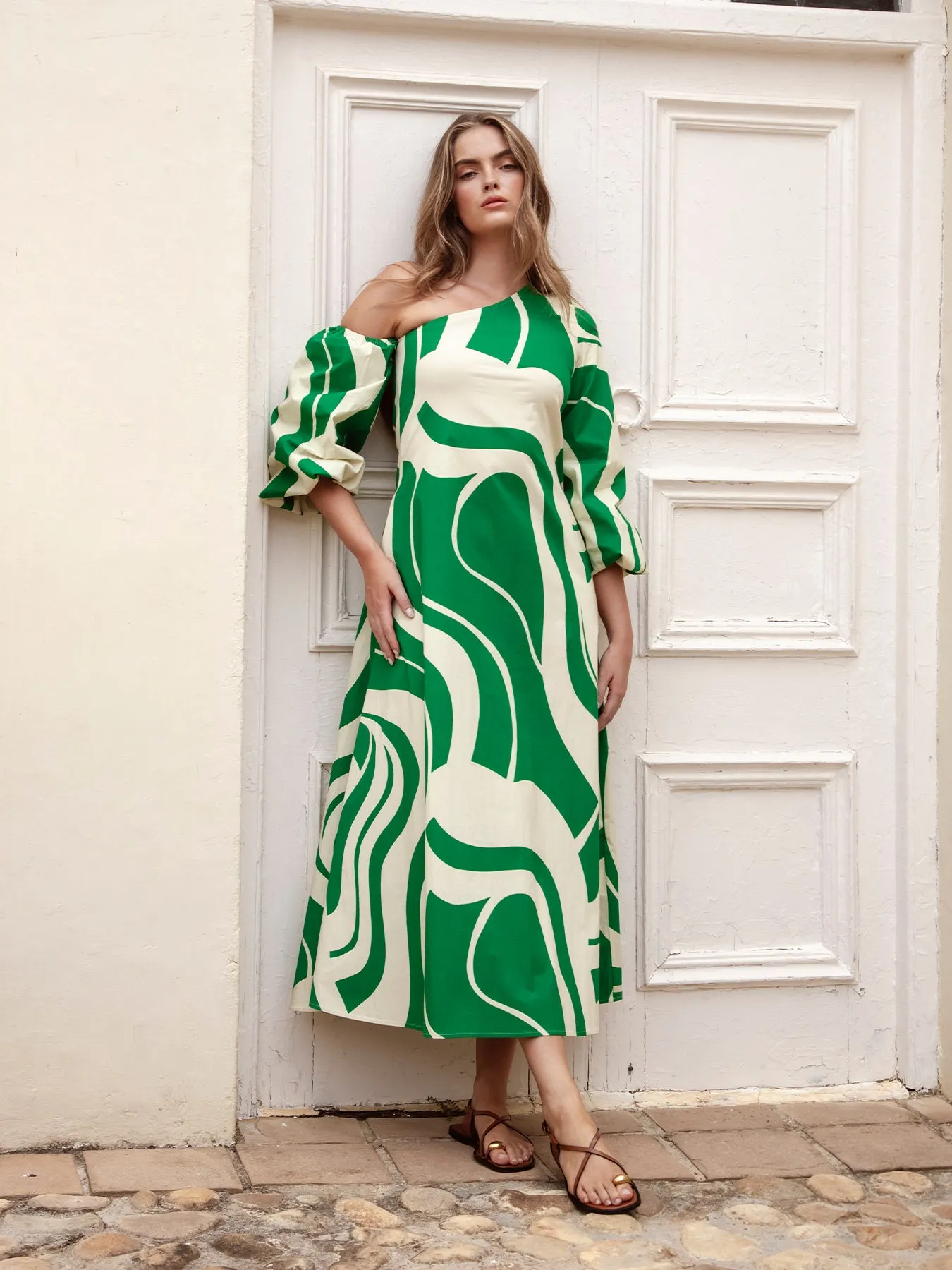 Printed Cotton Poplin Niva Dress - Luze Olive sold by Diarrablu