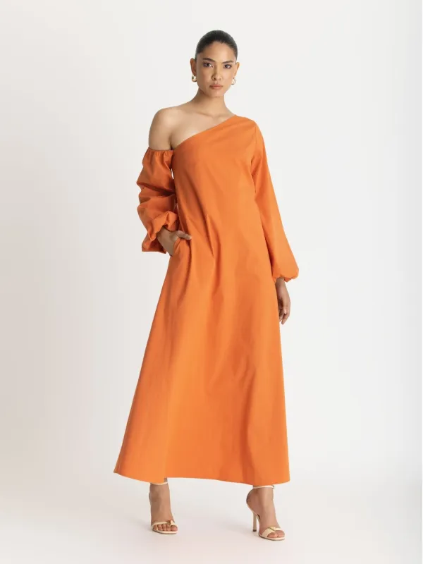 Printed Cotton Poplin Niva Dress - Solid Orange sold by Diarrablu