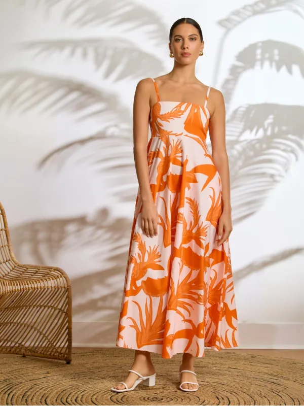 Printed Cotton Poplin Oria Dress - Tiki Orange sold by Diarrablu