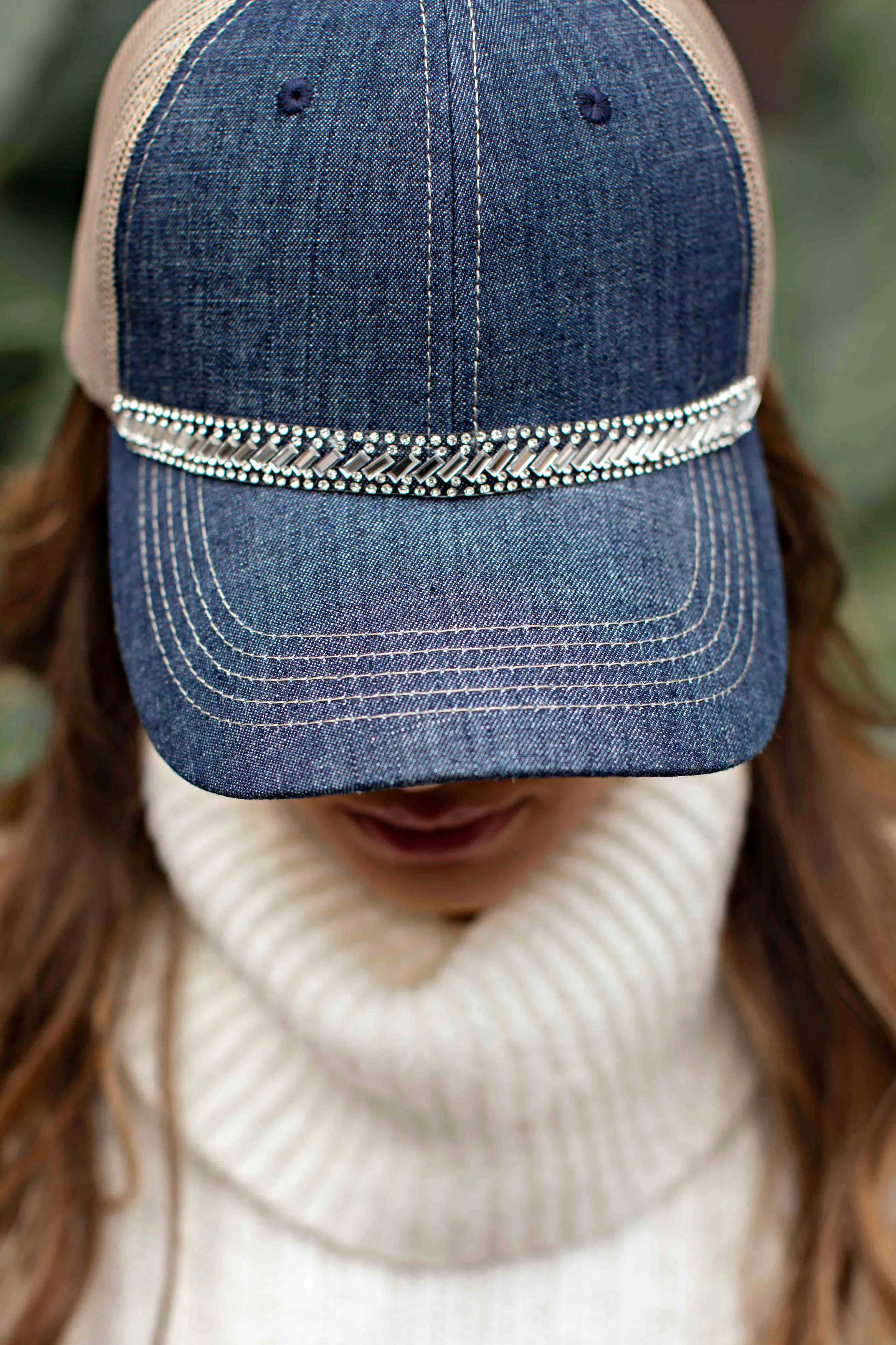 Mixed Metal Denim Ball Cap sold by Glitzy Bella