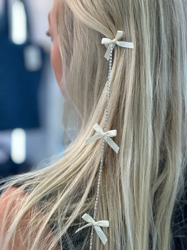NEW!! Satin Bow and Rhinestone Chain Hair Clip in Cream sold by Glitzy Bella