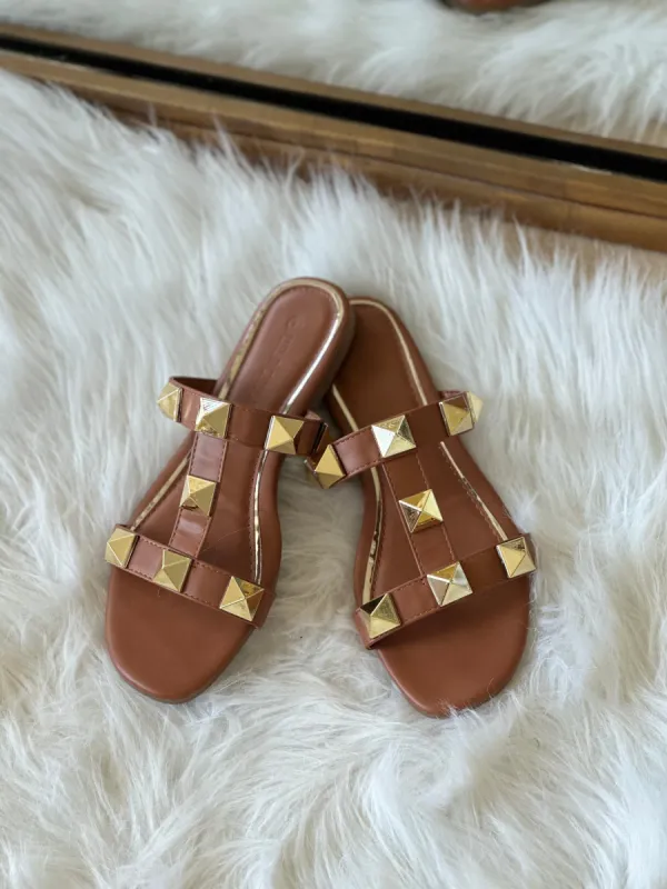 NEW!! The Gladiator Stud Slide Sandal in Tan sold by Glitzy Bella