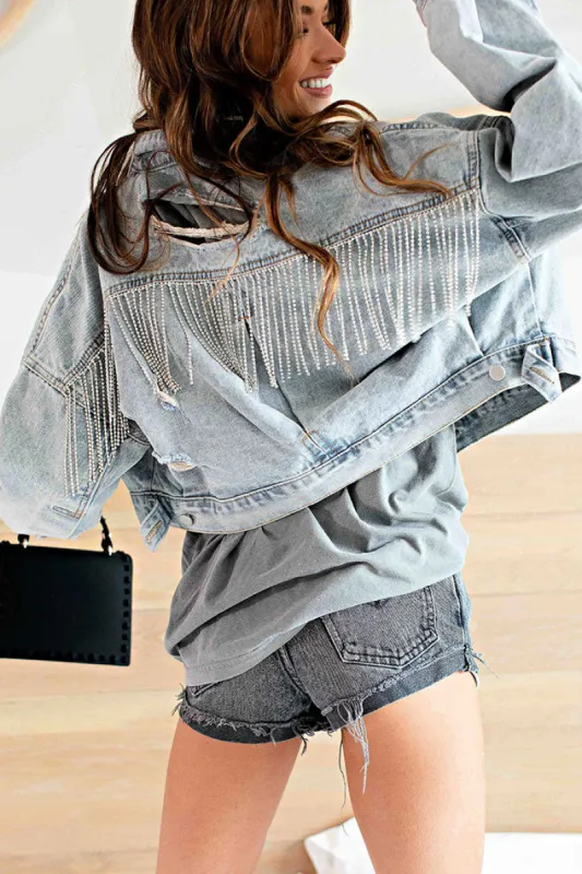 BEST SELLER!! Rhinestone Fringe Denim Jacket sold by Glitzy Bella