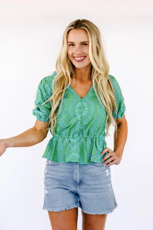 FINAL SALE!! Embroidered Peplum Top in Green sold by Glitzy Bella