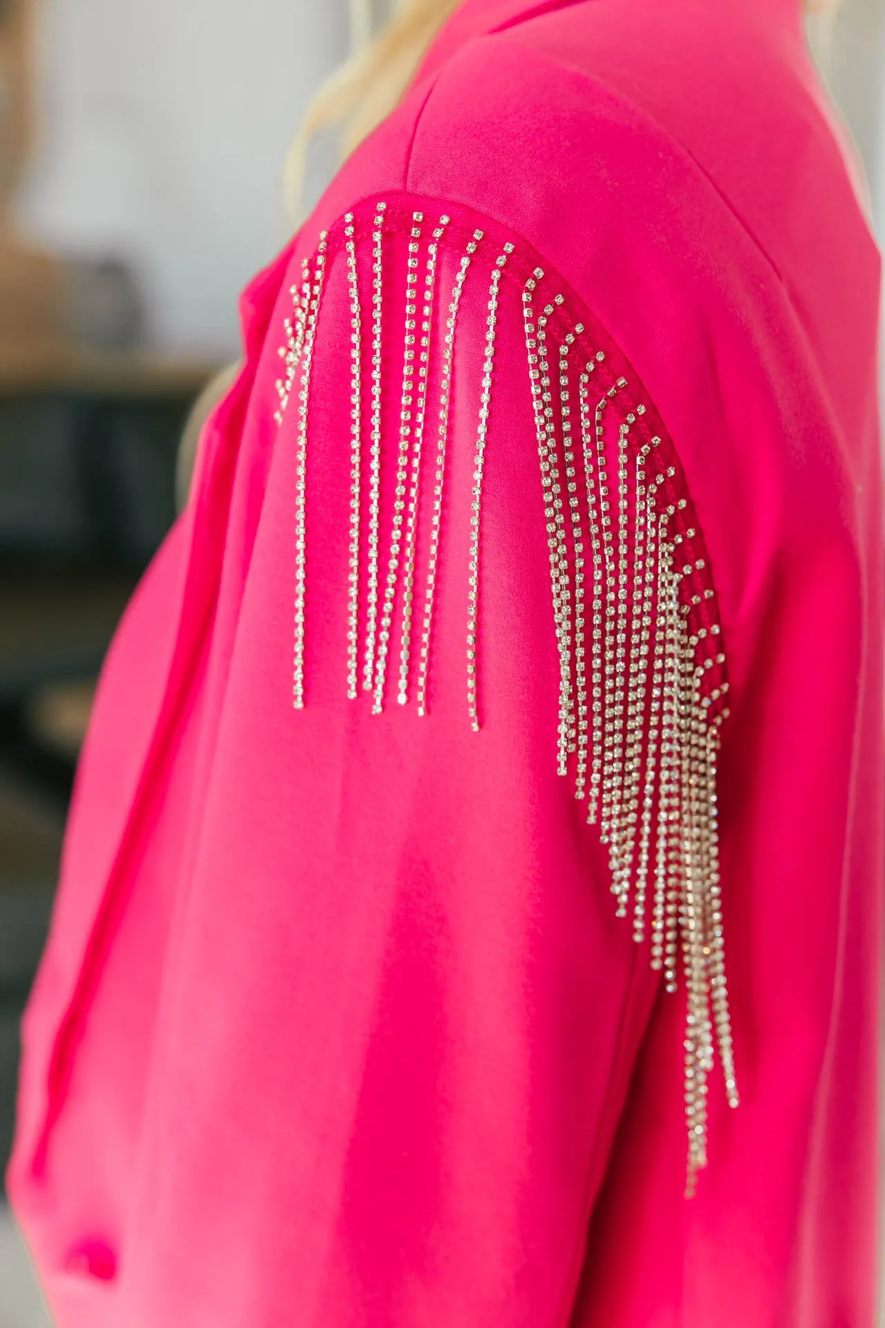 The Rhinestone Fringe Shoulder Fuschia Blazer sold by Glitzy Bella product image thumbnail 5