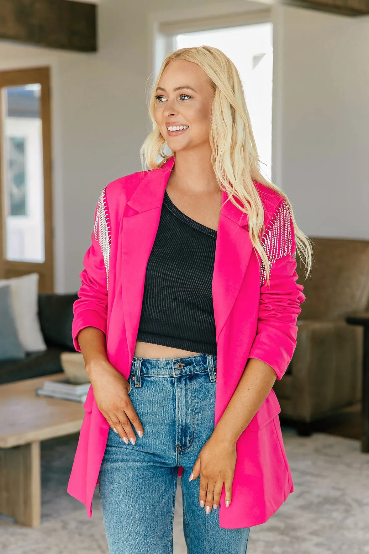 The Rhinestone Fringe Shoulder Fuschia Blazer sold by Glitzy Bella product image thumbnail 2