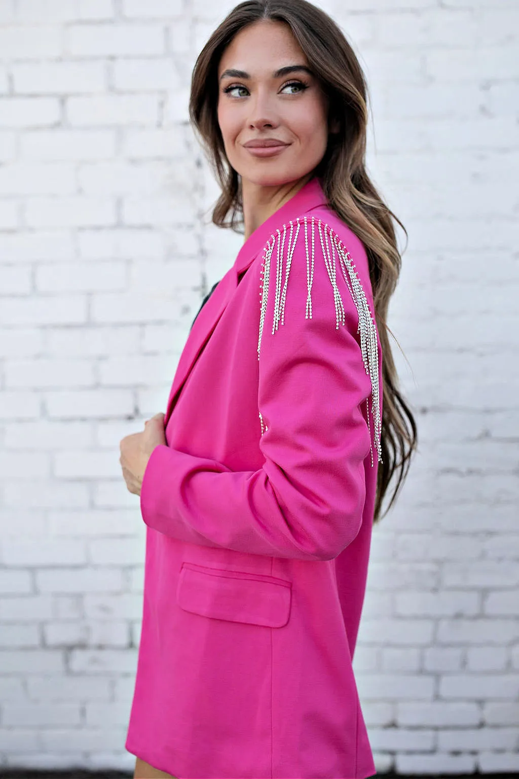 The Rhinestone Fringe Shoulder Fuschia Blazer sold by Glitzy Bella product image thumbnail 3