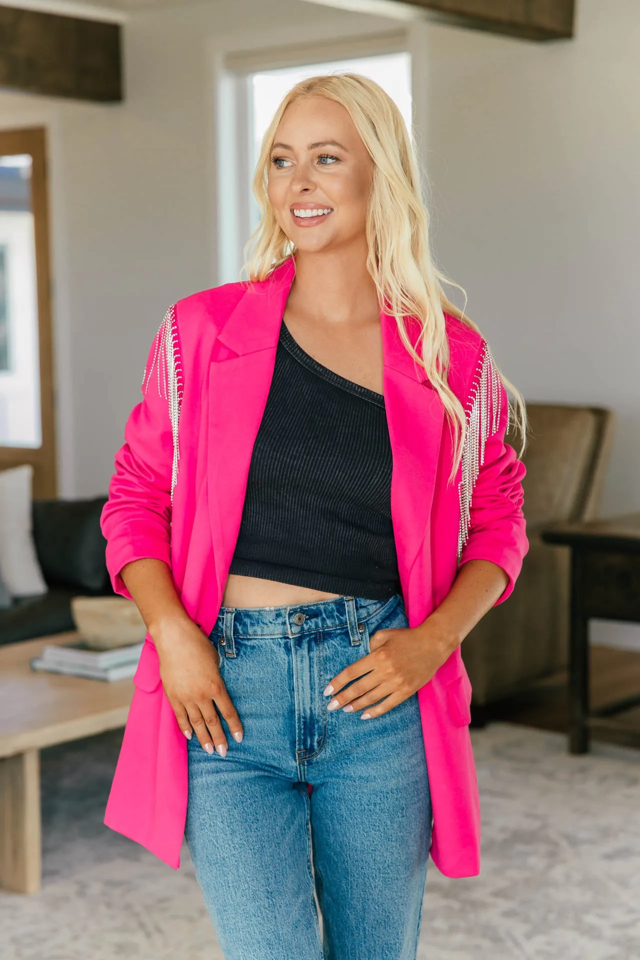 The Rhinestone Fringe Shoulder Fuschia Blazer sold by Glitzy Bella product image thumbnail 4