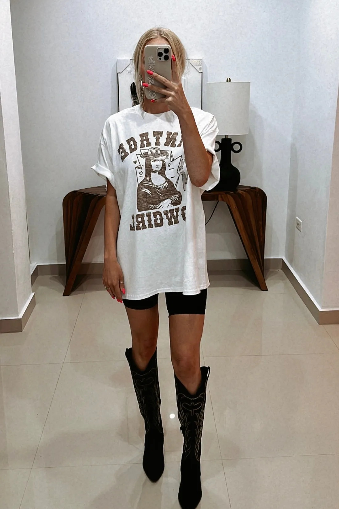 FINAL SALE!! Vintage Cowgirl Graphic Oversized Tee in White sold by Glitzy Bella