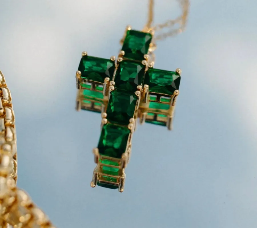 “AS SEEN ON LAINEY WILSON”!! Emerald Stone 18k Gold Plated Cross Pendant Necklace sold by Glitzy Bella