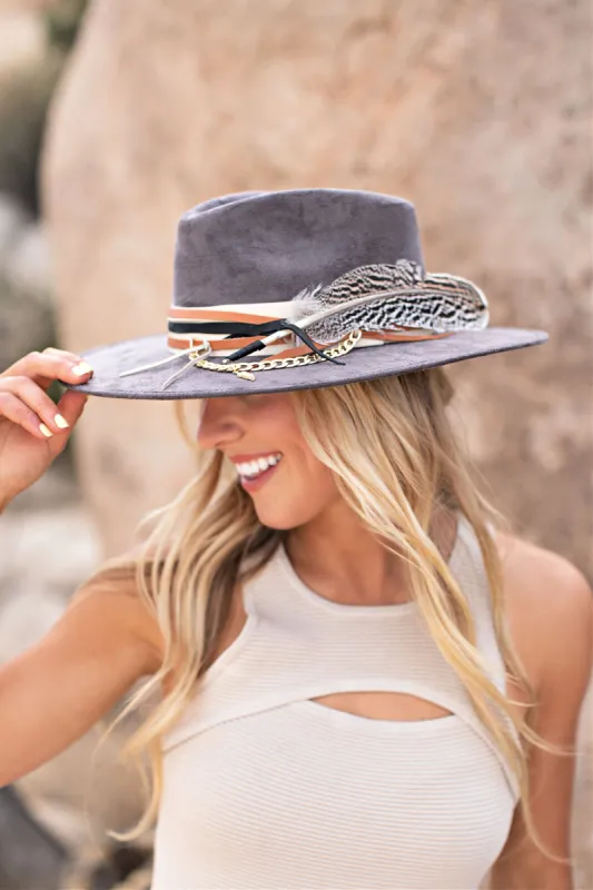 NEW!! The Navajo Feather Banded Suede Hat in Grey sold by Glitzy Bella