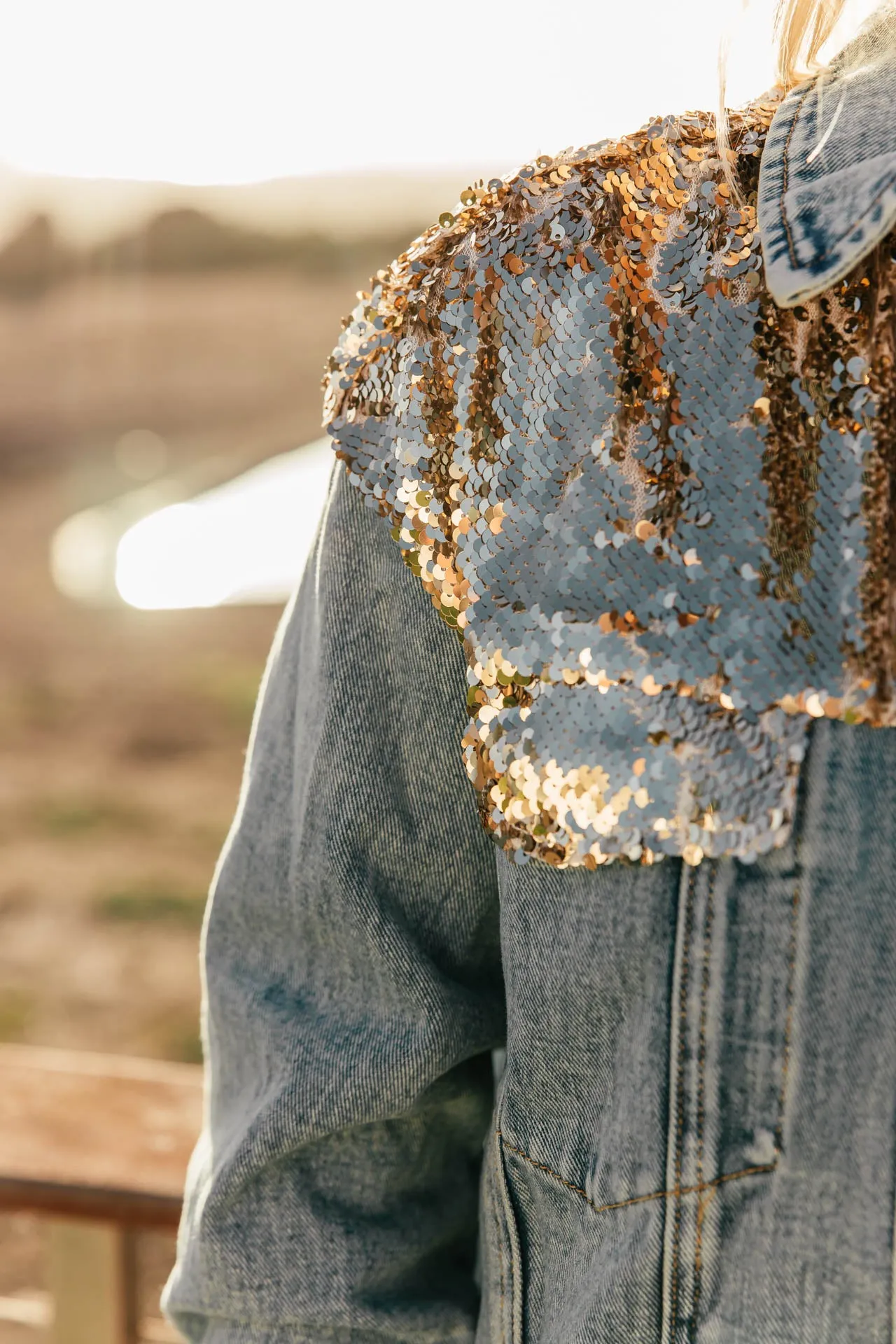 NEW!! The "Goldie" Sequin Denim Jacket sold by Glitzy Bella product image thumbnail 4