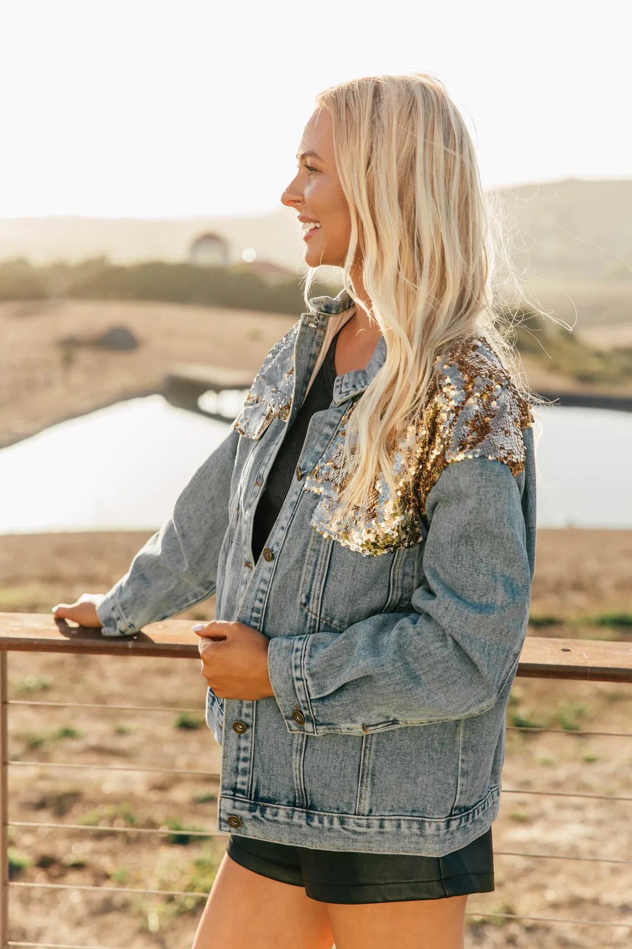 NEW!! The "Goldie" Sequin Denim Jacket sold by Glitzy Bella product image thumbnail 3