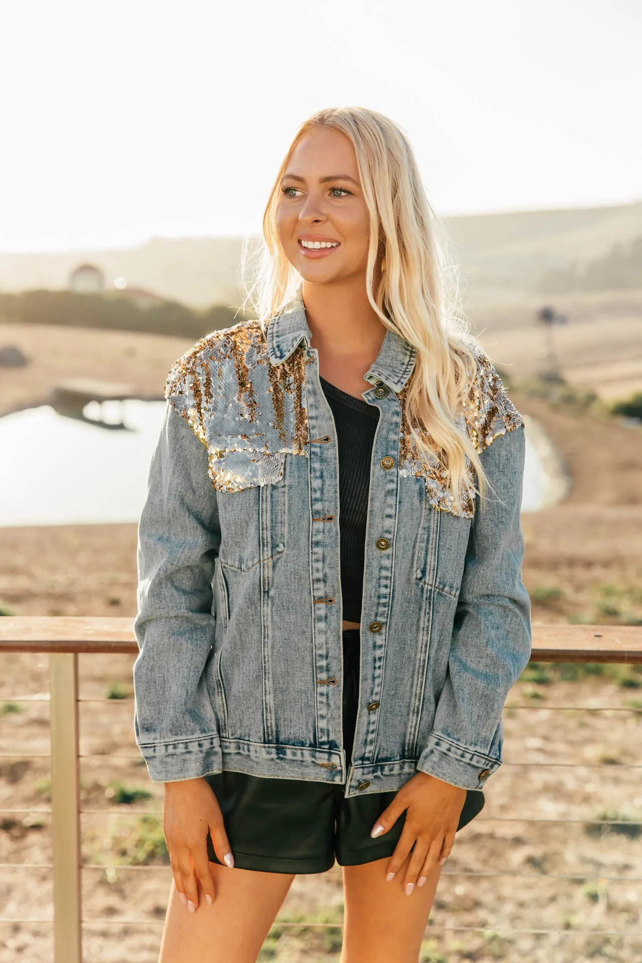 NEW!! The "Goldie" Sequin Denim Jacket sold by Glitzy Bella product image thumbnail 5