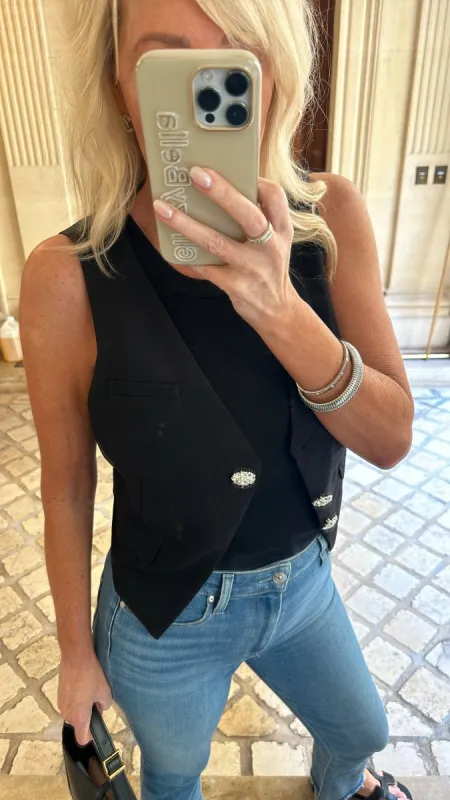 AS SEEN ON ASHLEE NICHOLS!! Crystal Button Down Cropped Vest in Black sold by Glitzy Bella
