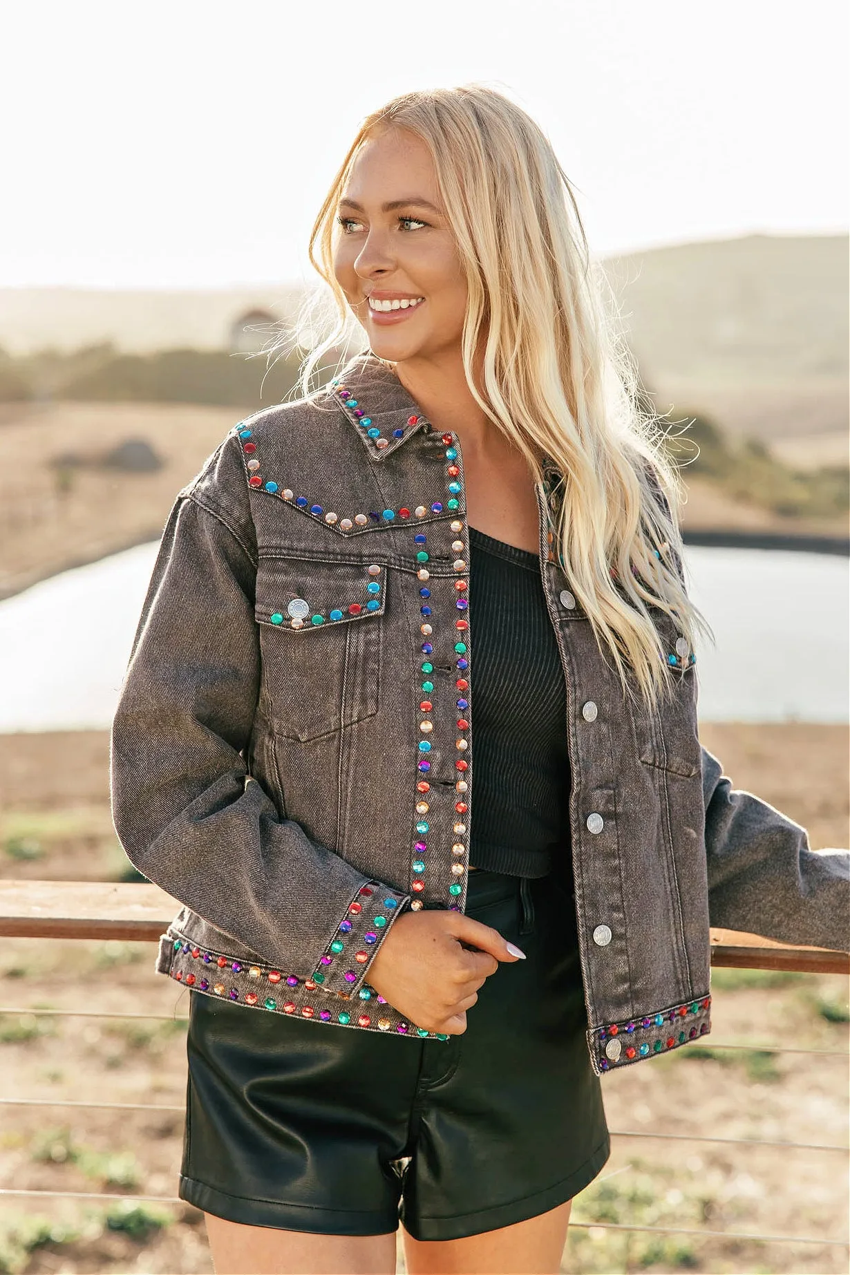 Big Deal Rhinestone Stud Denim Jacket sold by Glitzy Bella