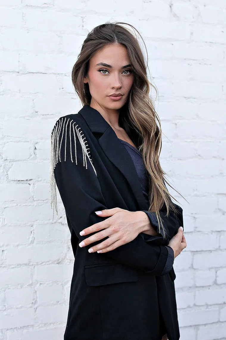 FINAL SALE!! The Rhinestone Fringe Shoulder Black Blazer sold by Glitzy Bella