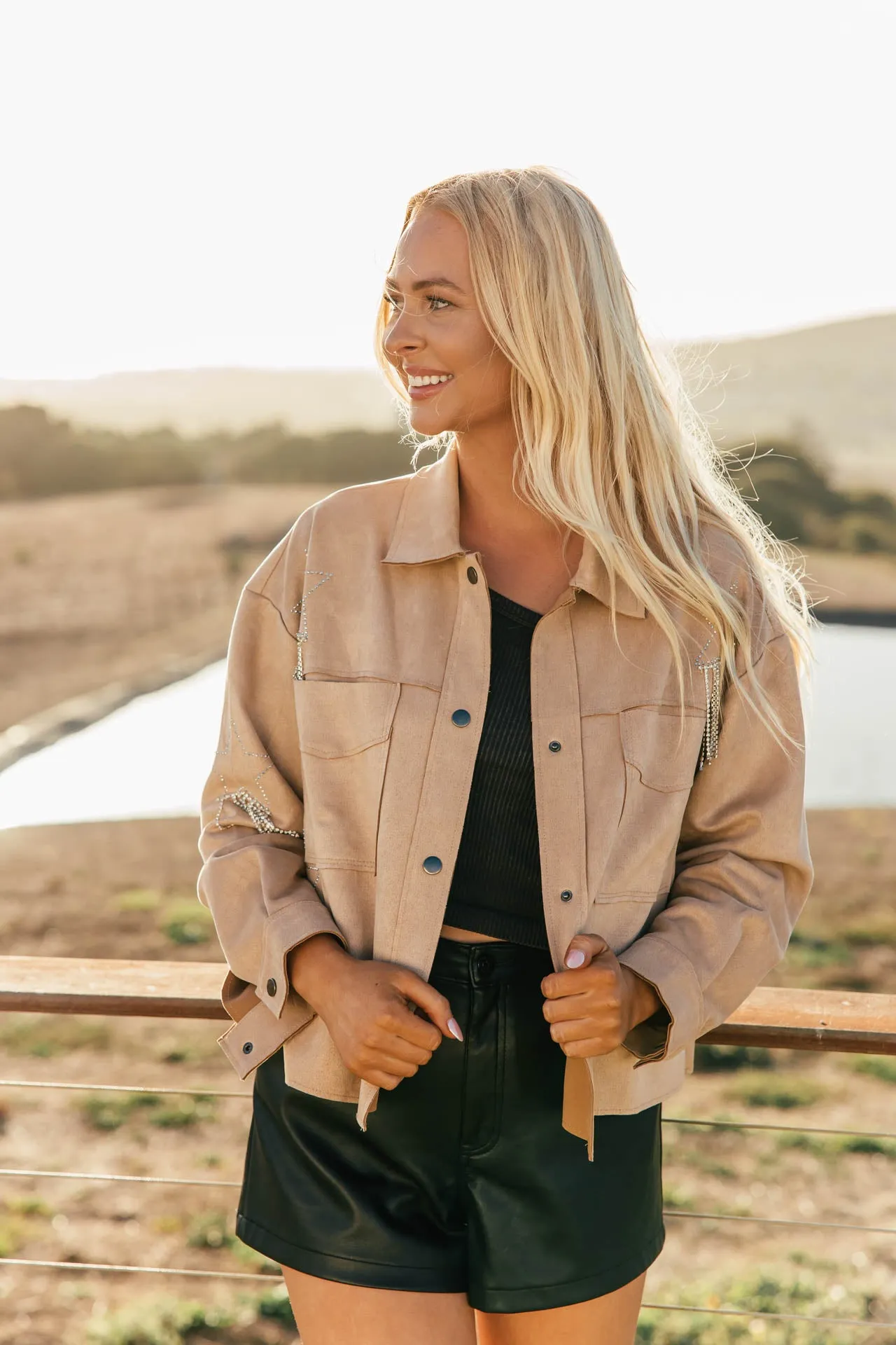 NEW!! Faux Suede Star Shacket in Tan sold by Glitzy Bella product image thumbnail 4