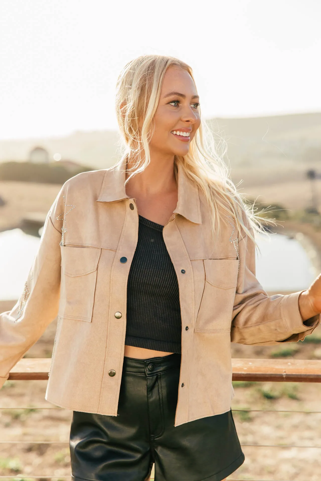 NEW!! Faux Suede Star Shacket in Tan sold by Glitzy Bella product image thumbnail 5