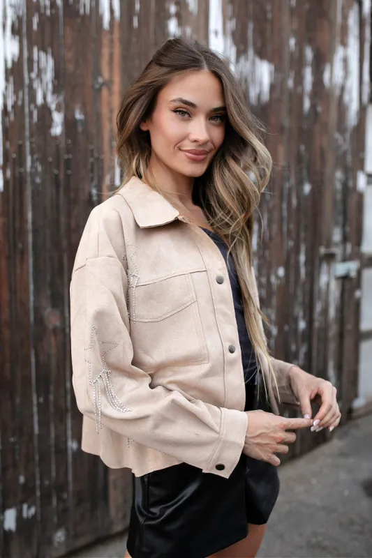 NEW!! Faux Suede Star Shacket in Tan sold by Glitzy Bella