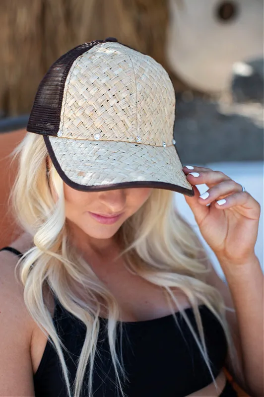 Straw and Mesh Baseball Hat in Tan sold by Glitzy Bella