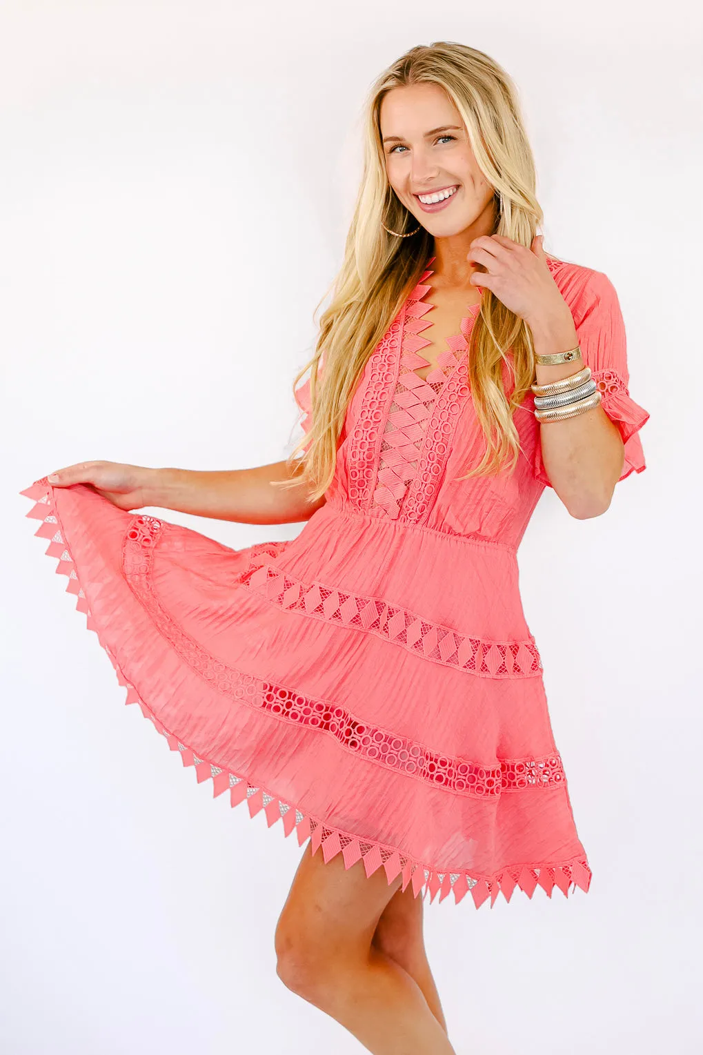 NEW!! Elaina Eyelet Dress in Coral sold by Glitzy Bella