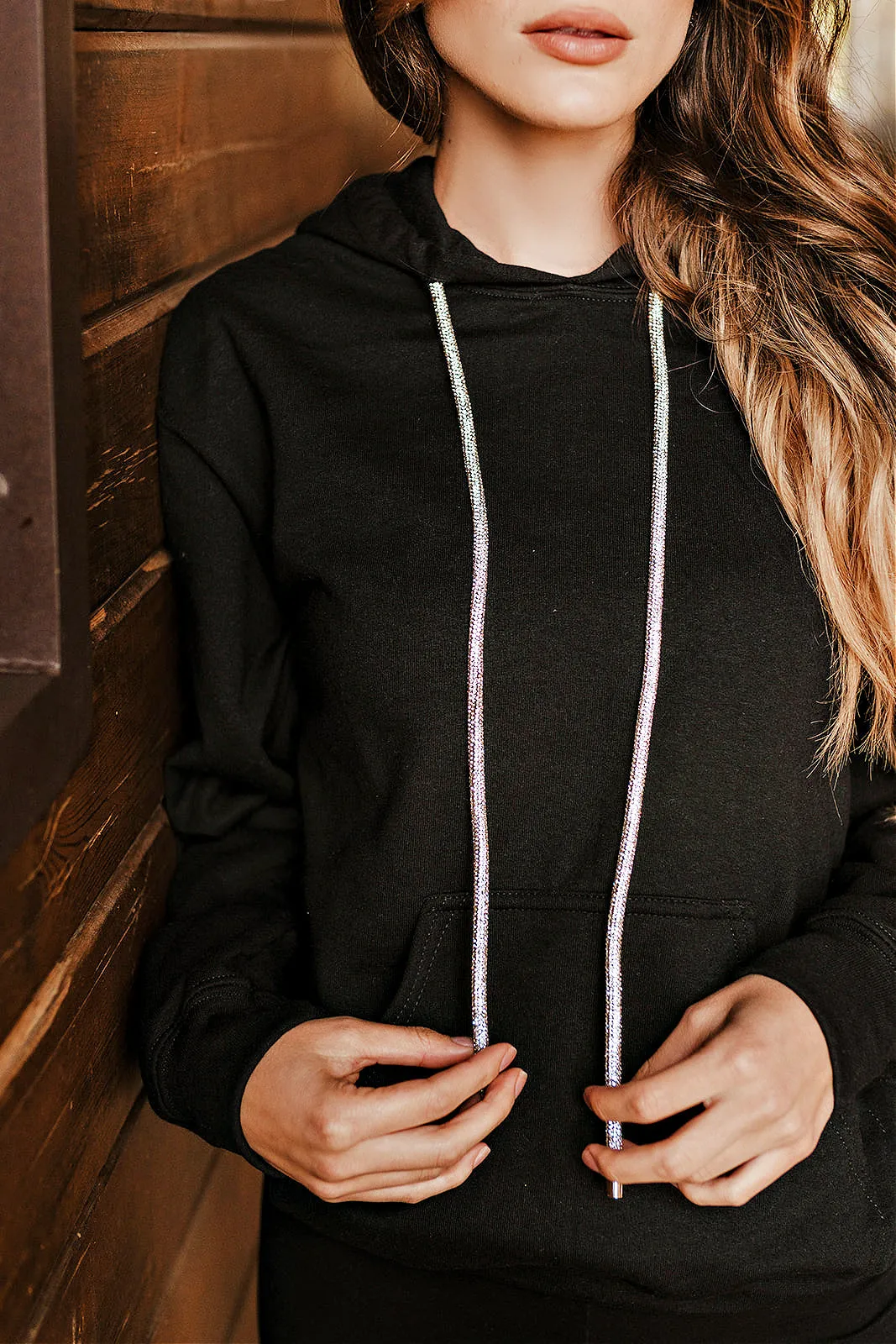 BEST SELLER!! Crystal Drawstring Sweatshirt in Black sold by Glitzy Bella