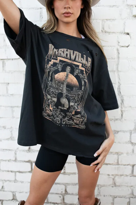 BACK IN STOCK!! Music City Graphic Oversized Tee in Charcoal sold by Glitzy Bella