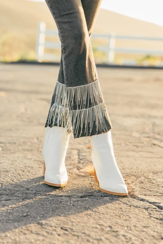 NEW!! The Wright Rhinestone Fringe Jeans in Charcoal sold by Glitzy Bella
