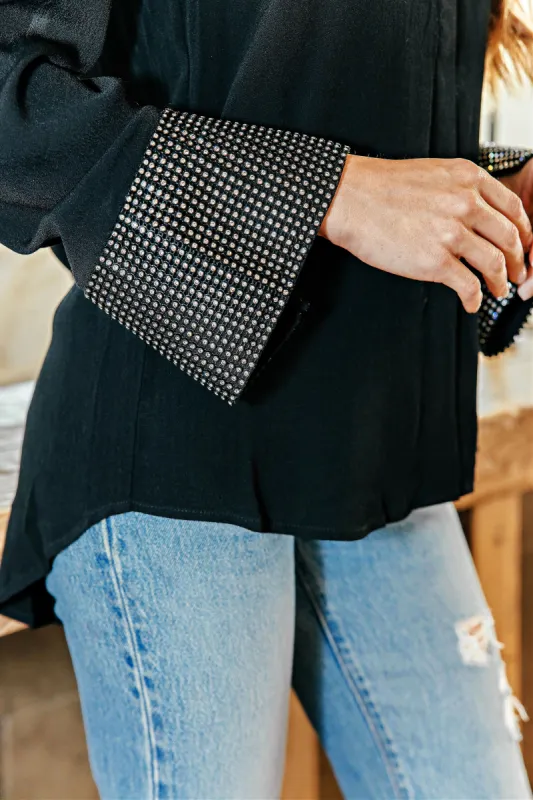 FINAL SALE!! Black Rhinestone Cuff Button Up sold by Glitzy Bella