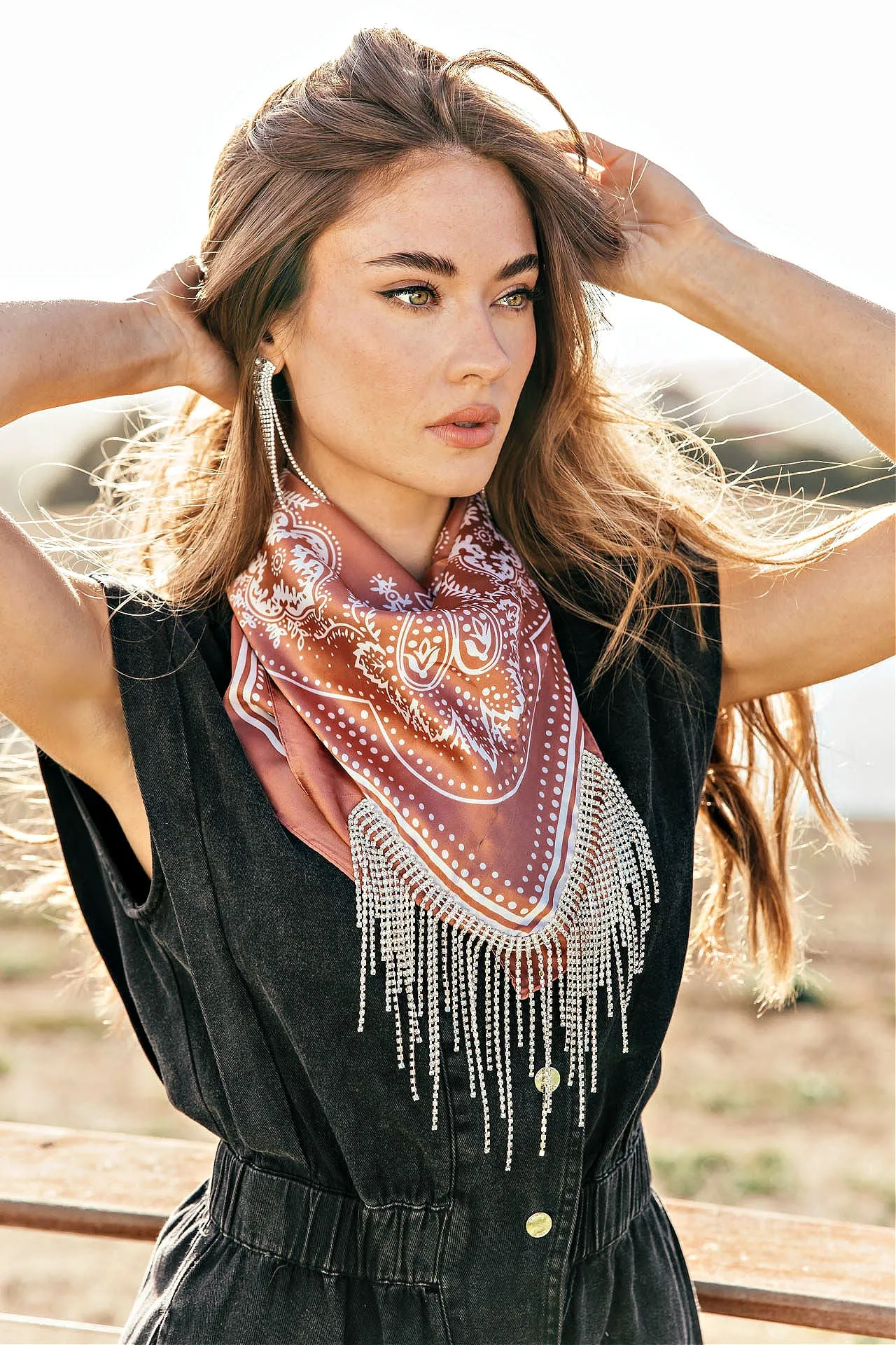 AS SEEN ON WHITNEY RIFE!! Crystal Fringe Satin Bandana in Rust sold by Glitzy Bella product image thumbnail 3