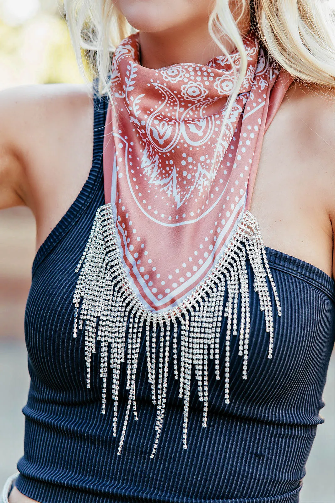 AS SEEN ON WHITNEY RIFE!! Crystal Fringe Satin Bandana in Rust sold by Glitzy Bella product image thumbnail 5