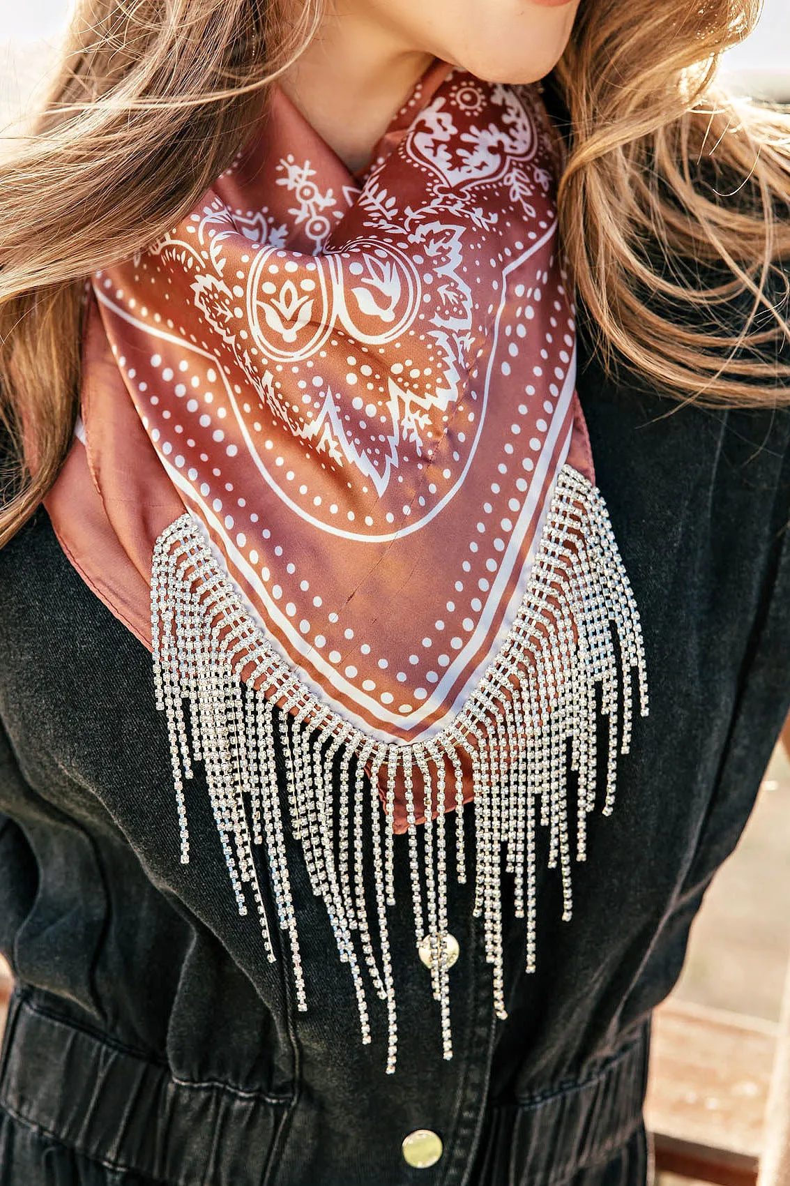 AS SEEN ON WHITNEY RIFE!! Crystal Fringe Satin Bandana in Rust sold by Glitzy Bella product image thumbnail 2