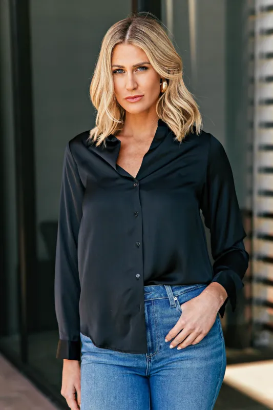 NEW!! Satin Button Up in Black sold by Glitzy Bella