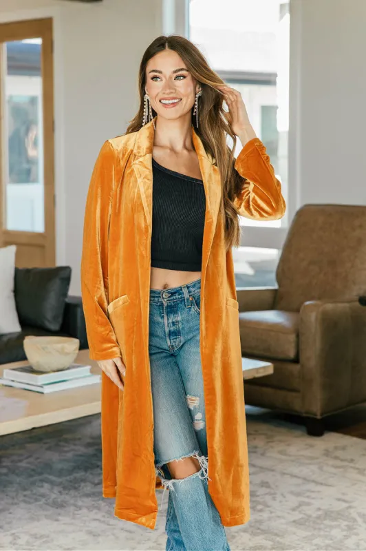 FINAL SALE!! I'm Golden Velvet Duster in Mustard sold by Glitzy Bella