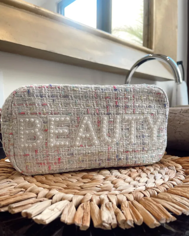 BEST SELLER!! Tweed BEAUTY Bag in White sold by Glitzy Bella