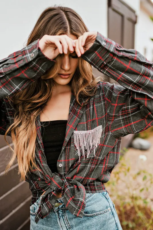 FINAL SALE!! Rhinestone Fringe Flannel in Grey Plaid sold by Glitzy Bella