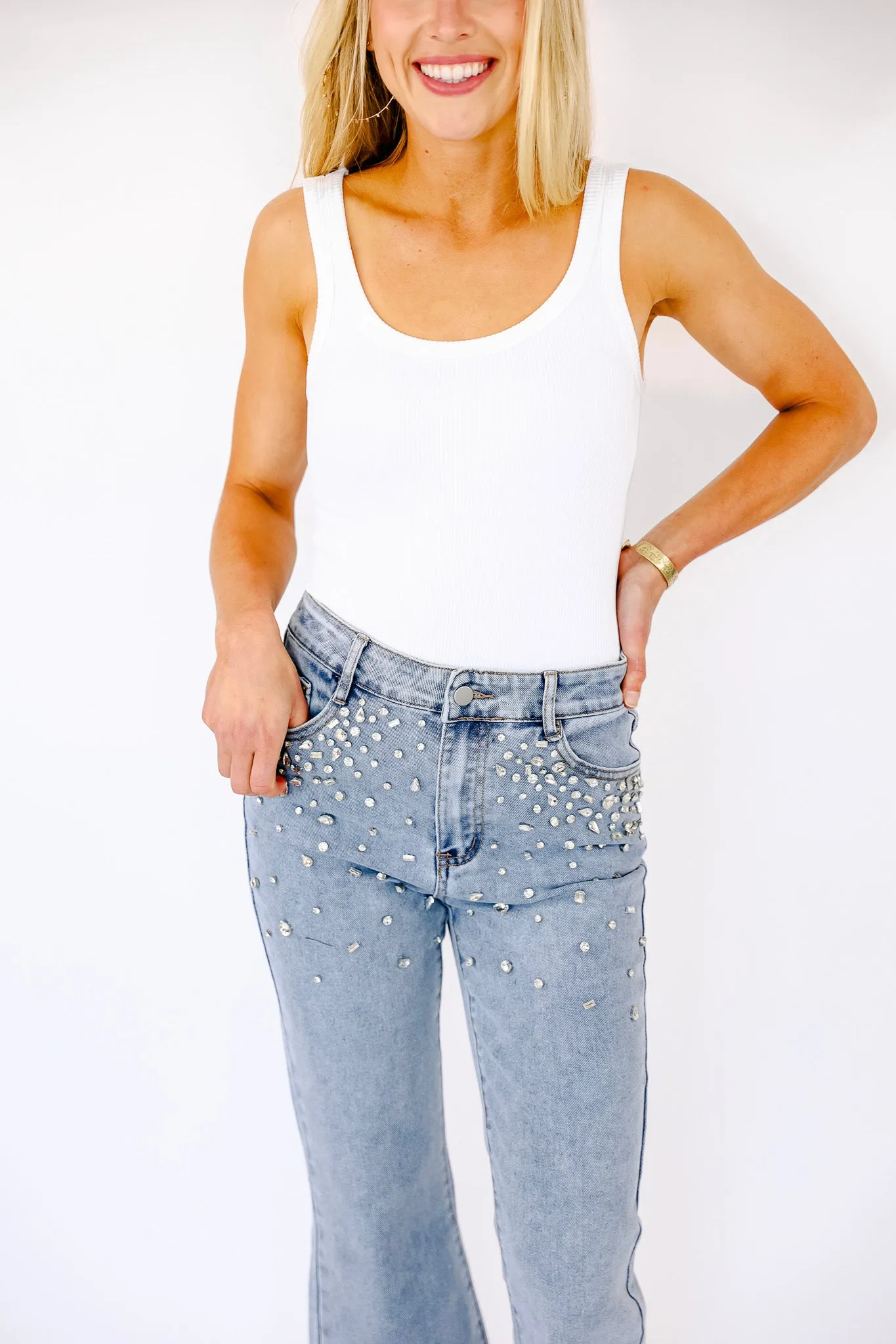 NEW!! Rhinestone Denim Cropped Pants sold by Glitzy Bella product image thumbnail 2