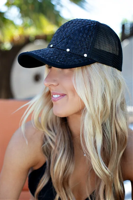 Straw and Mesh Baseball Hat in Black sold by Glitzy Bella