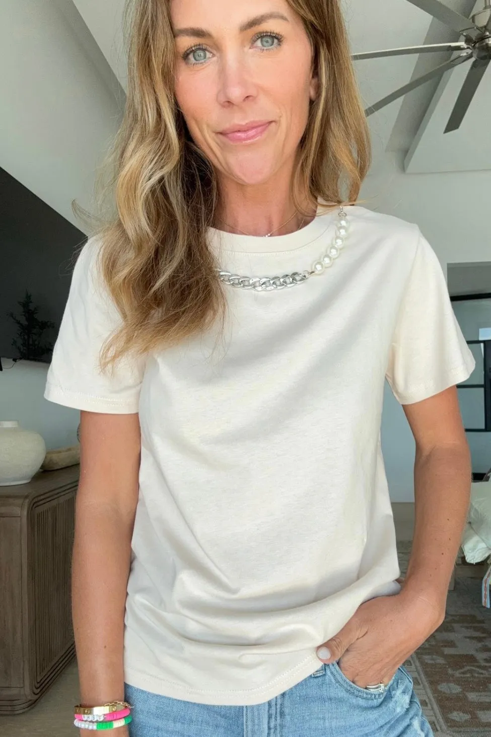 FINAL SALE!! Pearl Chain Tee in Beige sold by Glitzy Bella